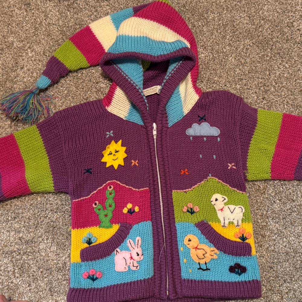 Whimsical Purple Kids Hooded Sweater with Animal Patterns, Size 2T